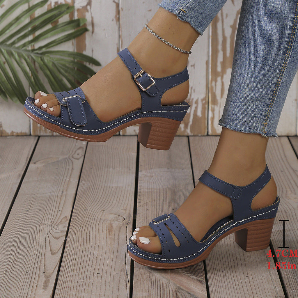 Damen modische Sandaletten mit eleganter Schnalle und Holz-Blockabsatz