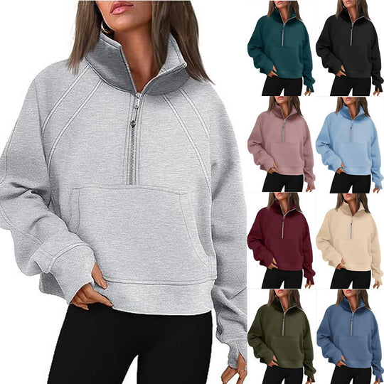 Damen sportlicher Hoodie mit kurzem Reißverschluss und praktischer Kängurutasche Shopnory