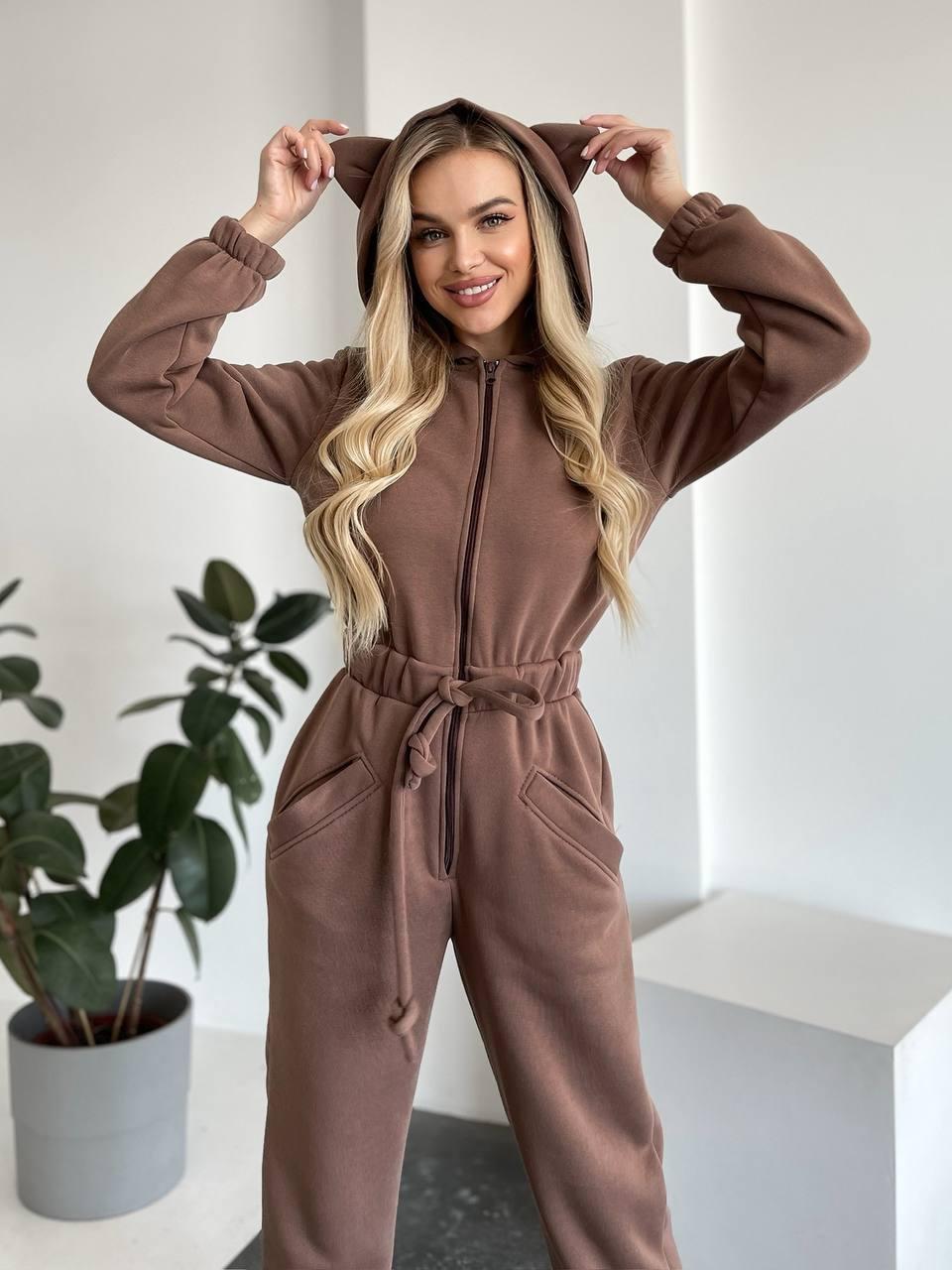 Damen Kuscheliger Kapuzen-Overall mit Katzenohren und Taillenzug Shop Nory