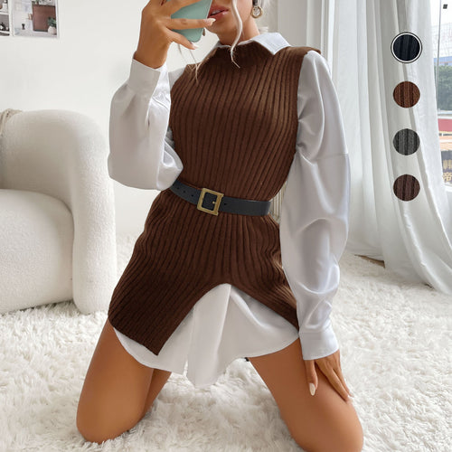 Damen Gerippte Longweste mit Seitenschlitzen, taillierendem Gürtel und Longline-Schnitt Shop Nory