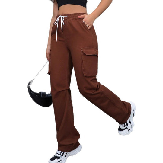 Damen taillenhohe Cargo-Jogginghose mit weitem Bein und Kordelzug Shop Nory