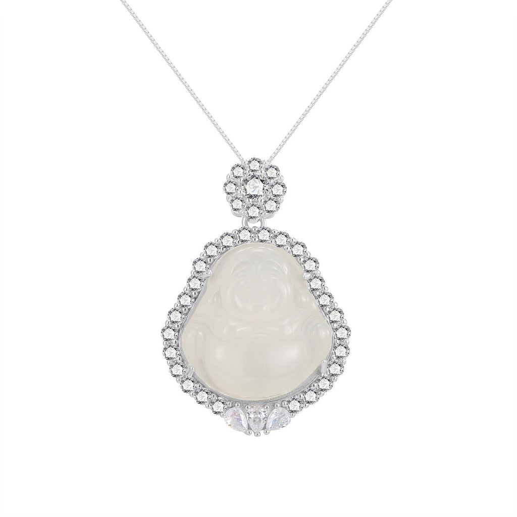 Damen Anhänger-Halskette mit kunstvollem Buddha-Motiv aus Jade und funkelnden Zirkonia Shop Nory