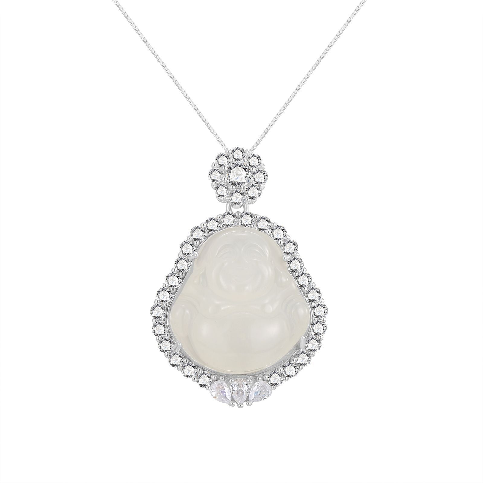 Damen Anhänger-Halskette mit kunstvollem Buddha-Motiv aus Jade und funkelnden Zirkonia Shop Nory