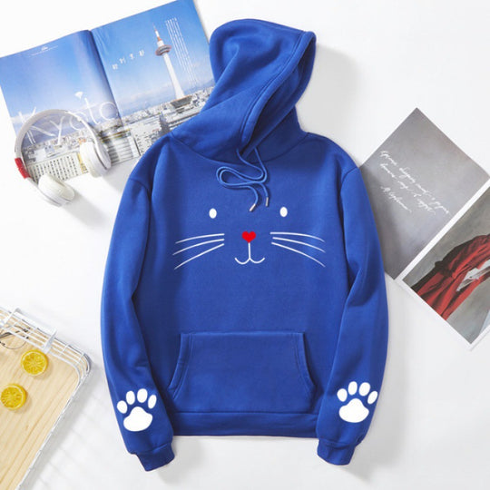 Damen nan Kapuzenpullover mit gedrucktem Katzenmotiv, Kängurutasche und Pfotenapplikationen Shop Nory