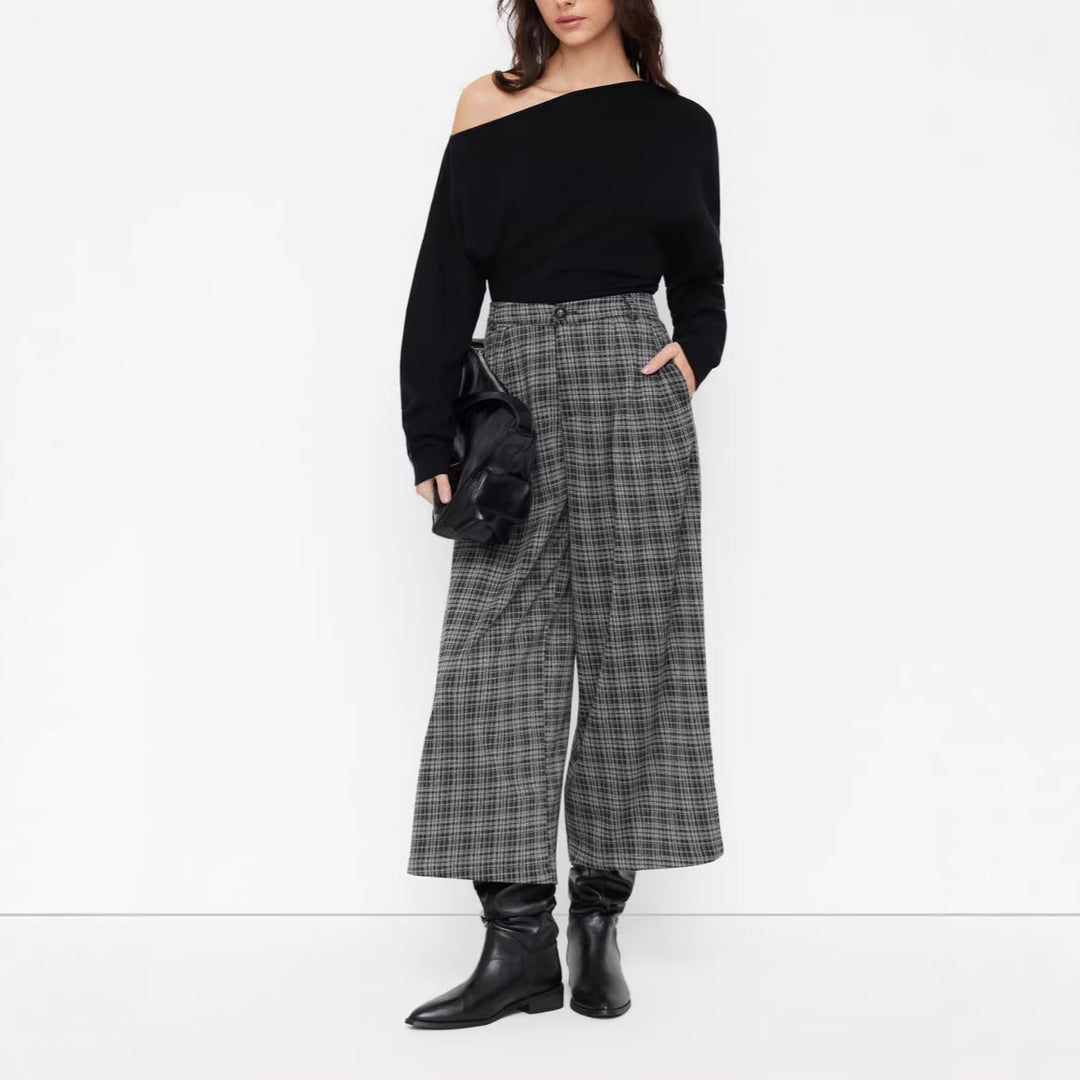 Damen weite Culotte-Hose mit Karomuster und hoher Taille Shop Nory