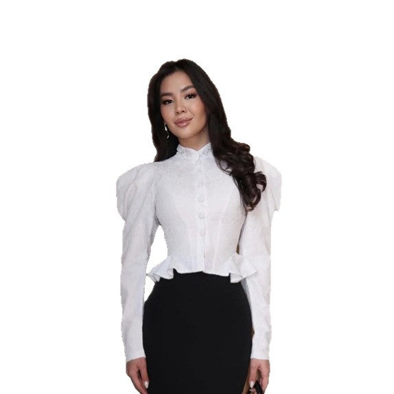 Damen Taillierte Jacquard-Bluse mit Stehkragen, Puffärmeln und Volant-Saum Shop Nory