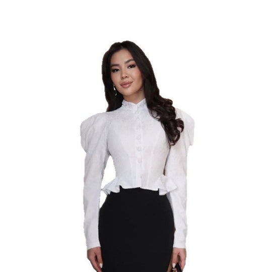 Damen Taillierte Jacquard-Bluse mit Stehkragen, Puffärmeln und Volant-Saum Shop Nory