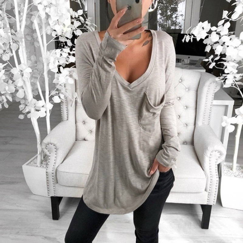 Damen Lässige Oversize Tunika mit V‑Ausschnitt, Brusttasche und verlängertem Saum Shop Nory