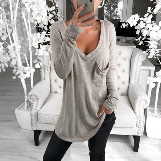 Damen Lässige Oversize Tunika mit V‑Ausschnitt, Brusttasche und verlängertem Saum Shop Nory