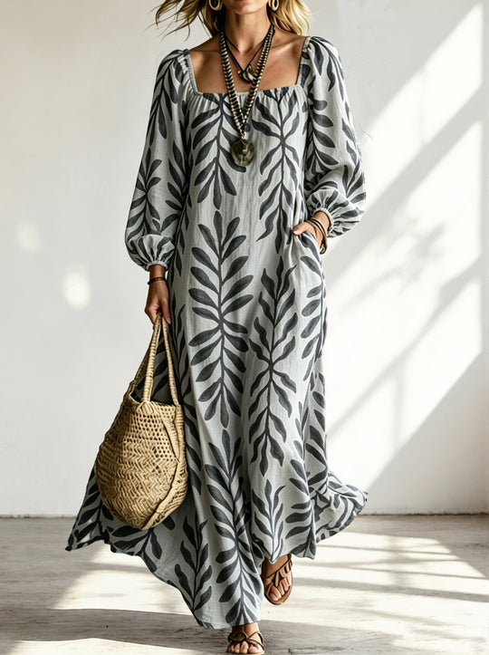 Damen Maxikleid mit quadratischem Ausschnitt, Ballonärmeln und botanischem Print Shop Nory