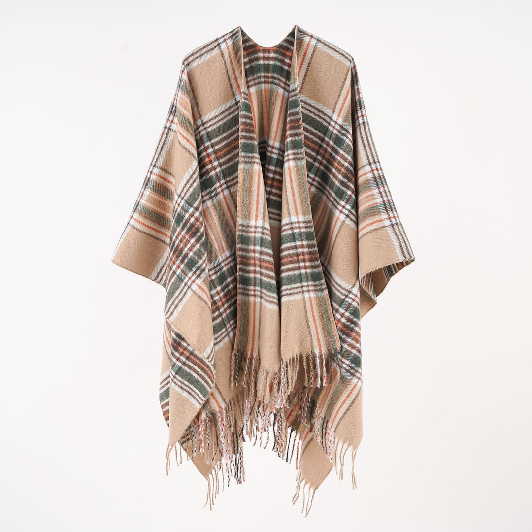 Damen Oversize-Wickelruana im Blockkaro mit Fransen-Detail Shop Nory