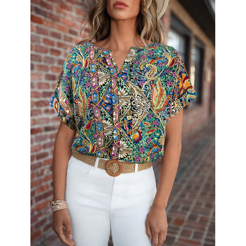 Damen Kurzarm Bluse mit buntem Druck und V-Ausschnitt