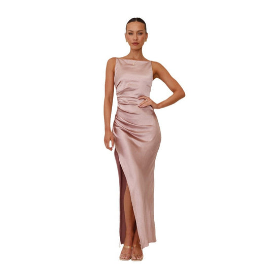 Damen Elegantes Satinabendkleid mit sexy Schlitz und raffiniertem Schnitt