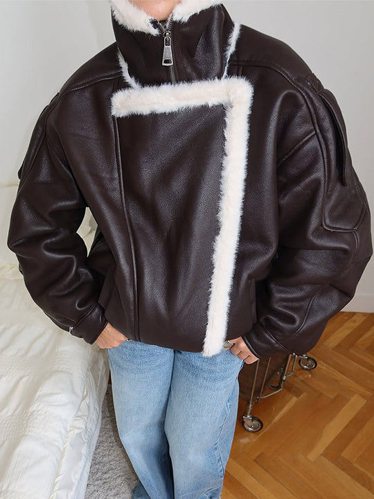 Damen Oversize Fliegerjacke aus Lederimitat mit asymmetrischer Kunstfell-Borte Shop Nory