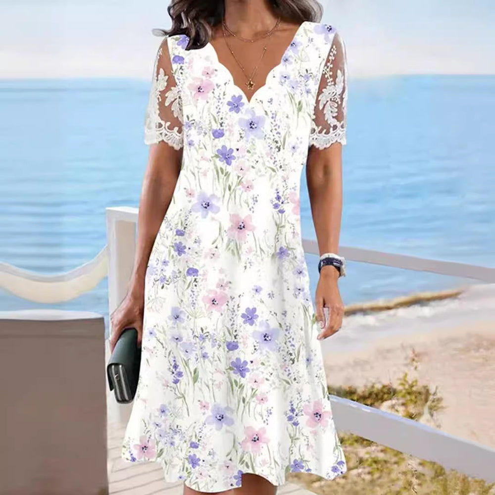 Damen nan A-Linien-Midikleid mit wellenförmigem V-Ausschnitt, ganzflächigem Blumenmuster und transparenten Spitzenärmeln