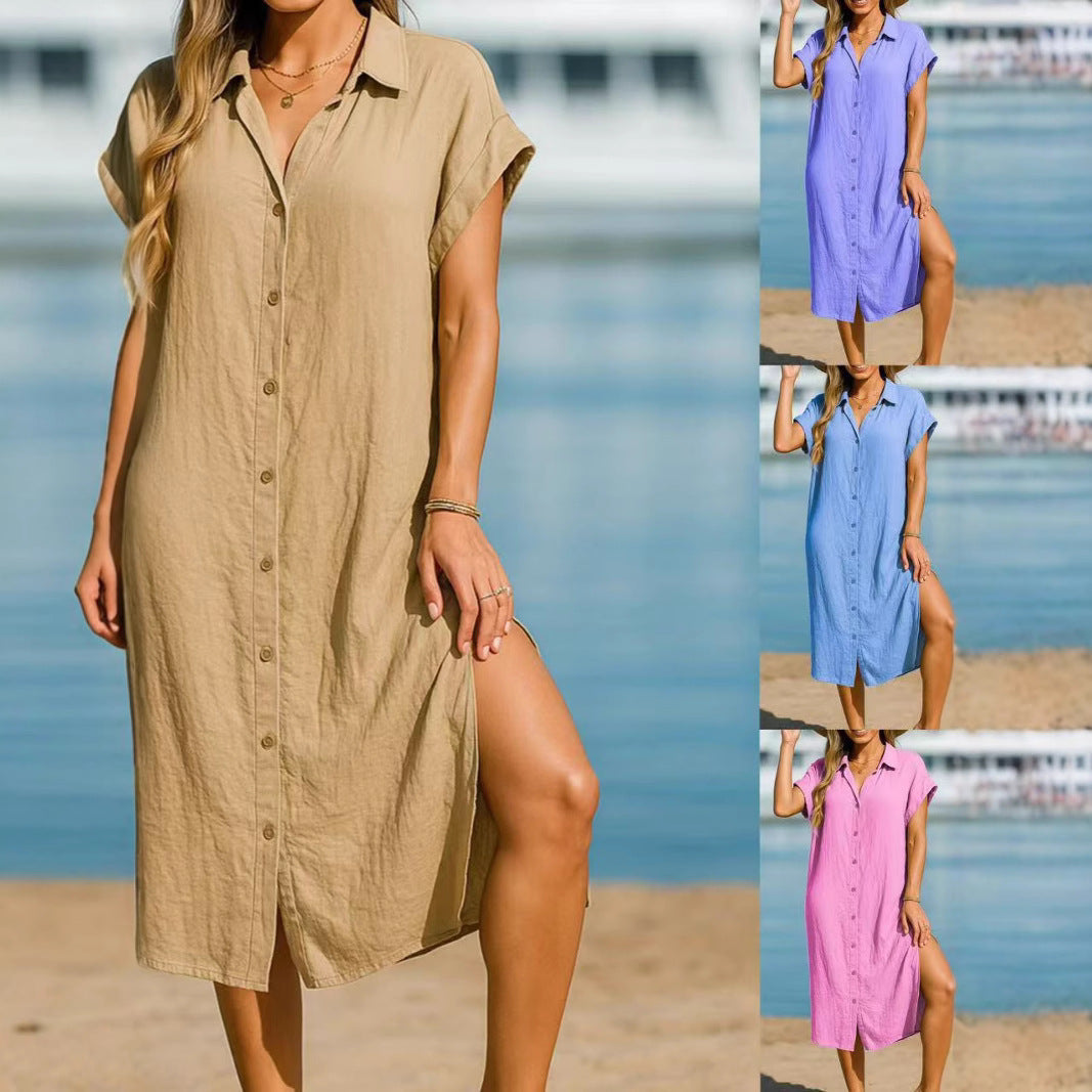 Damen lässiges Kurzarmhemdkleid mit Knopfleiste und seitlichen Schlitzen