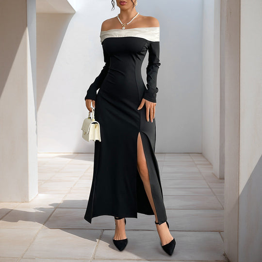 Damen Schulterfreies Maxikleid mit langen Ärmeln, hohen Seitenschlitzen und Umschlagkragen Shop Nory