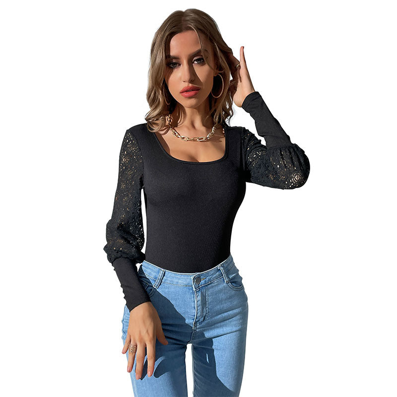 Damen Langärmliger Body mit Spitzenärmeln und eckigem Ausschnitt Shop Nory