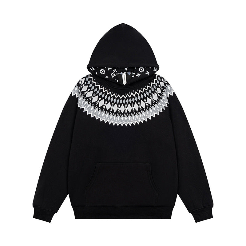 Unisex Oversize Kapuzenpullover mit nordischem Rundpasse-Jacquard, Kängurutasche und Rippbündchen Shop Nory