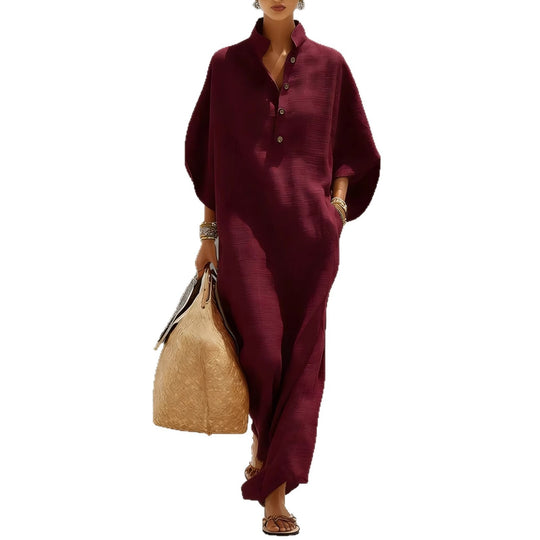 Damen Weites Kaftan-Midikleid mit Stehkragen und 3-Knopf-Blende Shop Nory