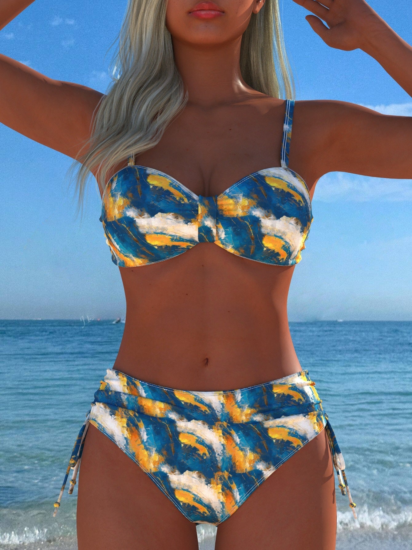 Damen Bikini-Set mit stilvollem Karomuster und goldfarbenen Akzenten