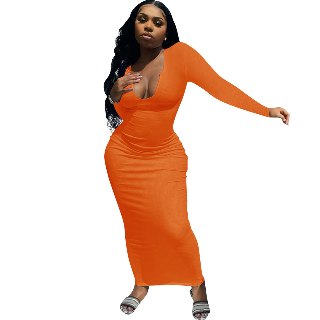 Damen Figurbetontes Rippenstrick-Maxikleid mit tiefem U-Ausschnitt und langen Ärmeln Shop Nory