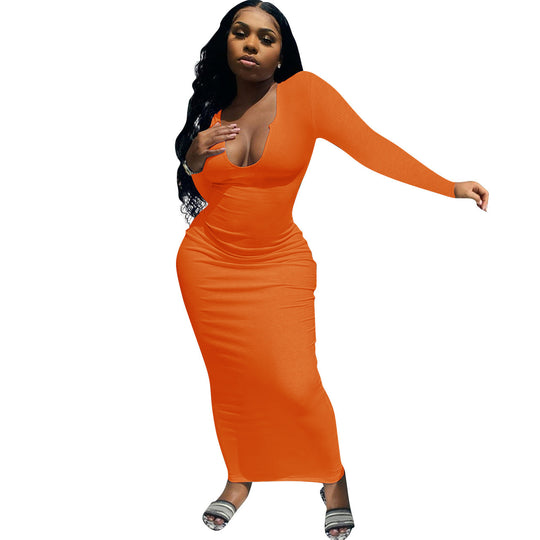 Damen Figurbetontes Rippenstrick-Maxikleid mit tiefem U-Ausschnitt und langen Ärmeln Shop Nory