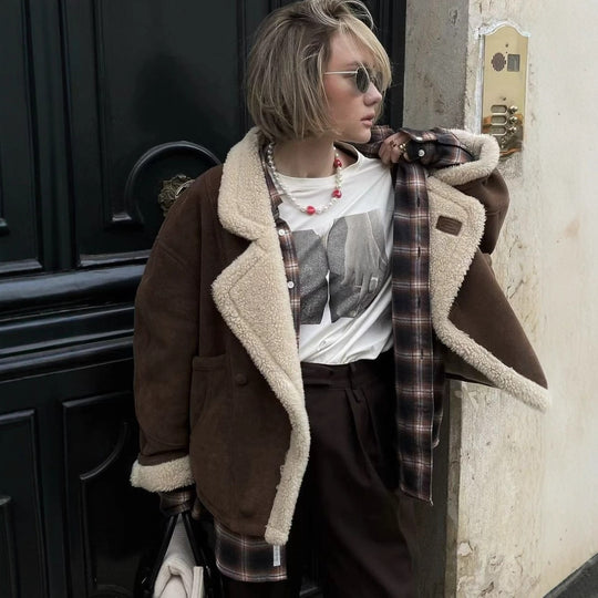 Damen Oversized Kurzjacke aus Wildlederoptik mit Teddyfutter und großem Reverskragen Shop Nory