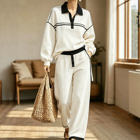 Damen Lounge-Set aus weichem Jersey mit Polokragen, Kontraststreifen und weiter Jogpant Shop Nory