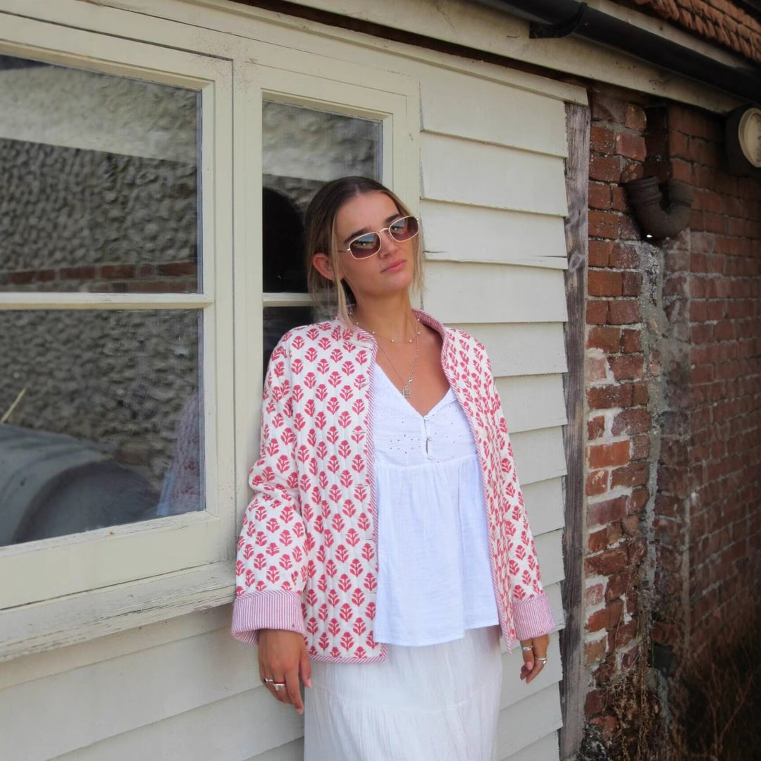 Damen Leichte bedruckte Baumwolljacke mit Stehkragen und gestreiften Manschetten Shop Nory