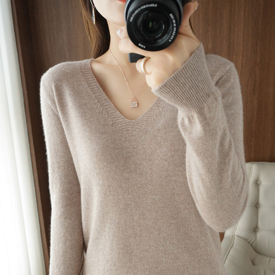 Damen Weicher V-Ausschnitt Kaschmirmix-Pullover mit feinen Rippbündchen Shop Nory