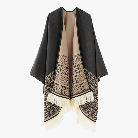 Damen Wendbarer Jacquard-Capeüberwurf mit Monogramm‑Bordüre und Fransen Shop Nory
