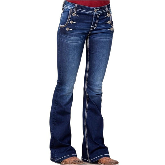 Damen Hochtaillierte Flared-Jeans mit dekorativen Metallknöpfen und Kontraststeppung Shop Nory