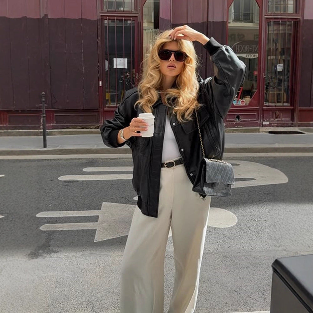 Damen Boxy-Lederimitat-Blouson mit Stehkragen und gerafften Bündchen Shop Nory