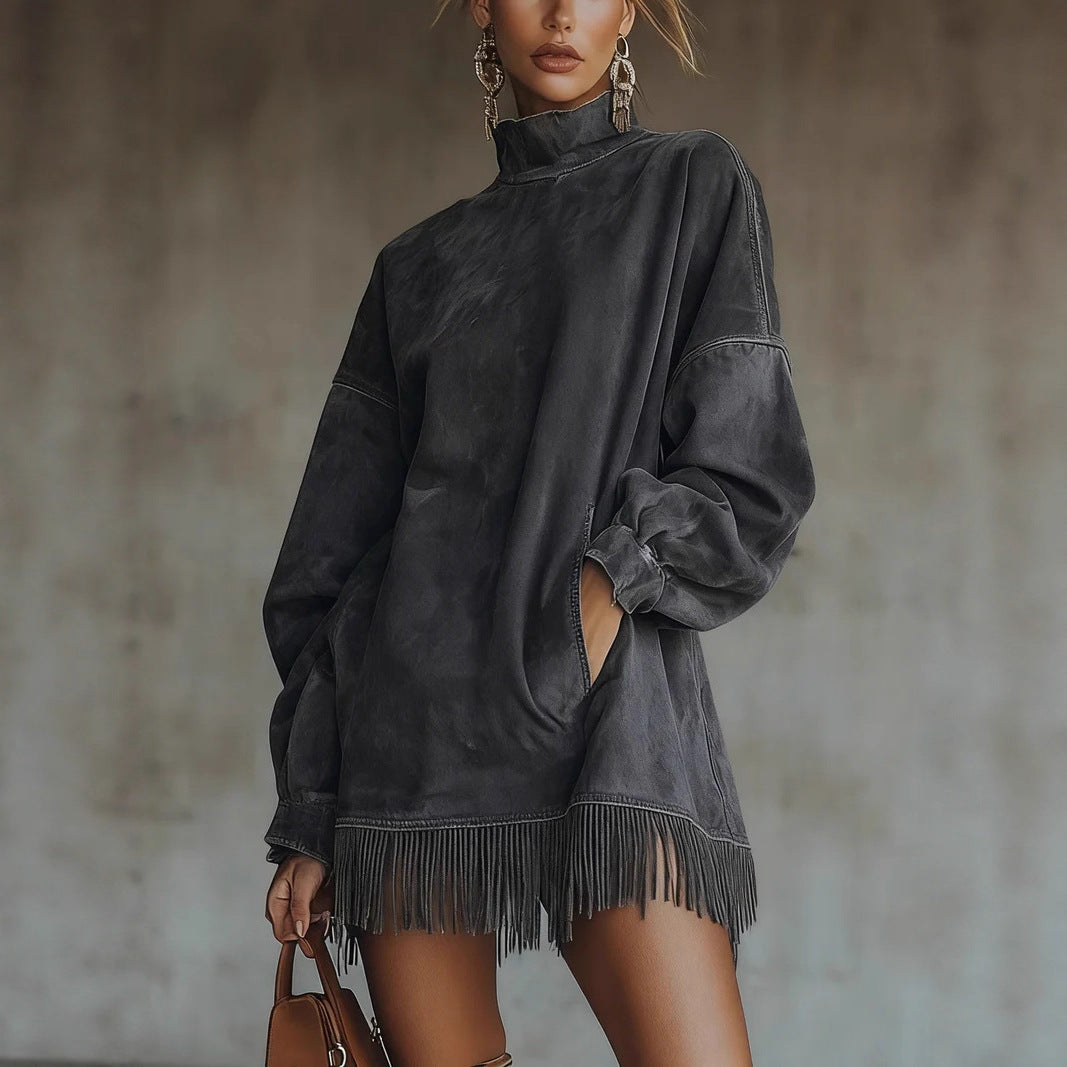 Damen nan oversized Wildlederoptik Tunika mit Stehkragen und Fransen Shop Nory