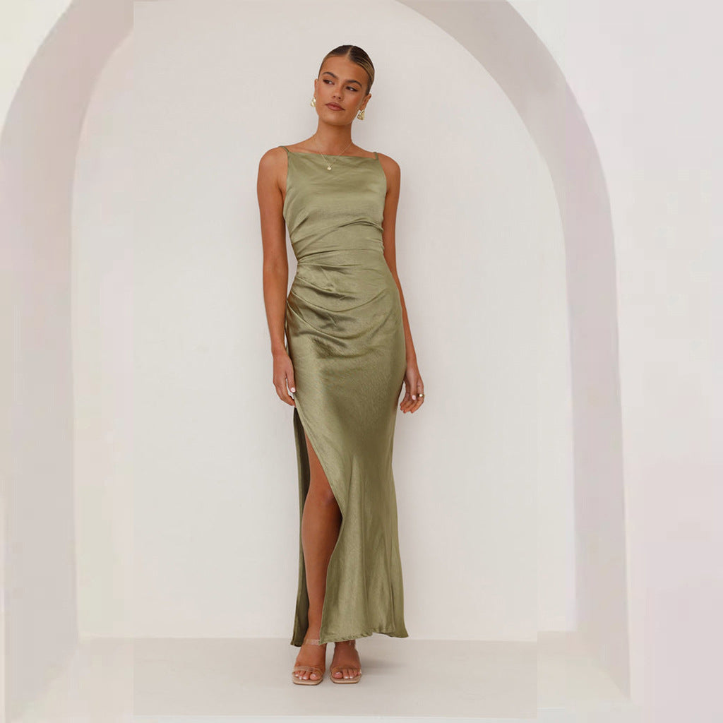 Damen Elegantes Satinabendkleid mit sexy Schlitz und raffiniertem Schnitt