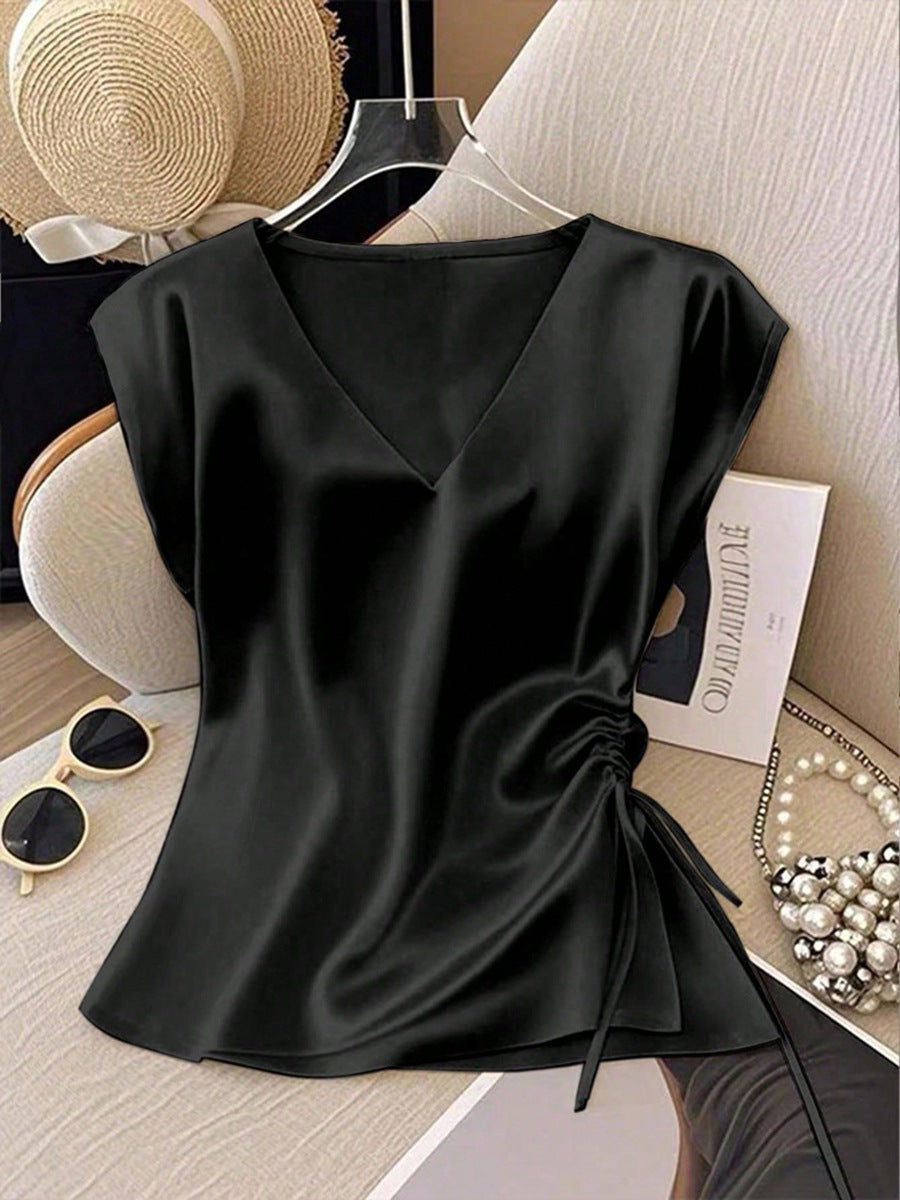 Damen Satinbluse mit seitlichem Kordelzug und V-Ausschnitt