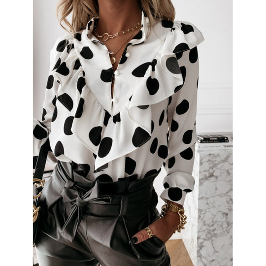 Damen Volantbluse mit Rüschenkragen, geraffter Taille und Tupfenprint Shop Nory