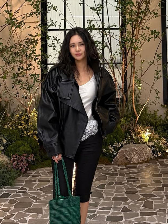 Damen Boxy-Lederimitat-Blouson mit strukturierter Narbung, doppelreihiger Knopfleiste & elastischem Saum Shop Nory