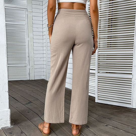 Damen Leichte Leinenoptik-Hose mit hoher Taille und geradem Bein Shop Nory