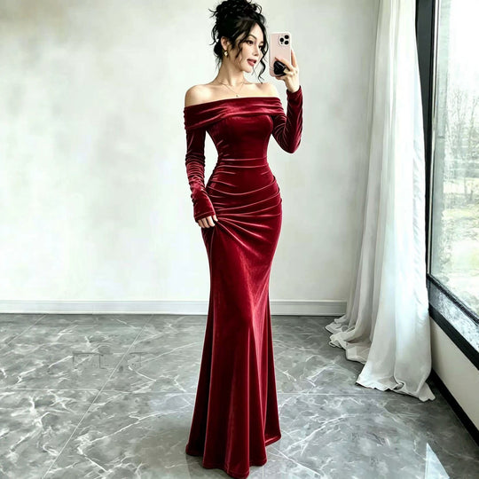 Damen Langes Samtabendkleid mit Carmenausschnitt und tiefem Rückenausschnitt Shop Nory