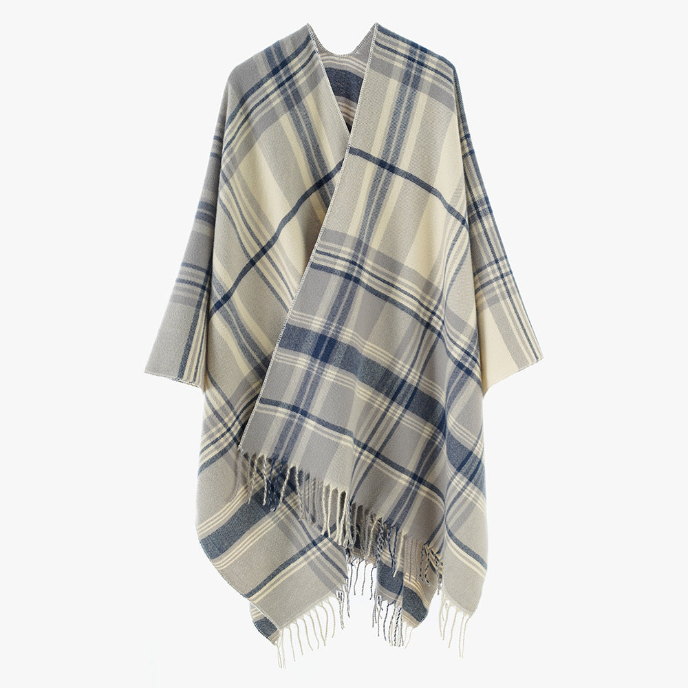 Damen Karierter Cape-Umhang aus Wollmix mit Fransen Shop Nory
