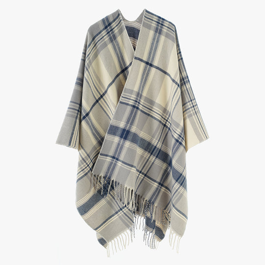 Damen Karierter Cape-Umhang aus Wollmix mit Fransen Shop Nory