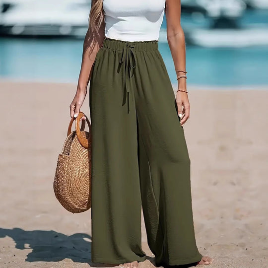 Damen High-Waist Elastischer Bund Weite Beinform Palazzo Strandhose Shop Nory