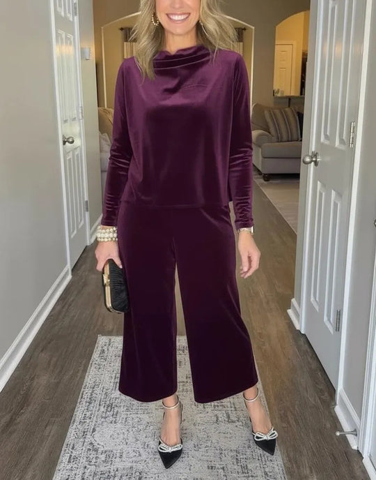 Damen Elegantes Samt-Zweiteiler mit Wasserfallkragen und weiter Culotte-Hose Shop Nory
