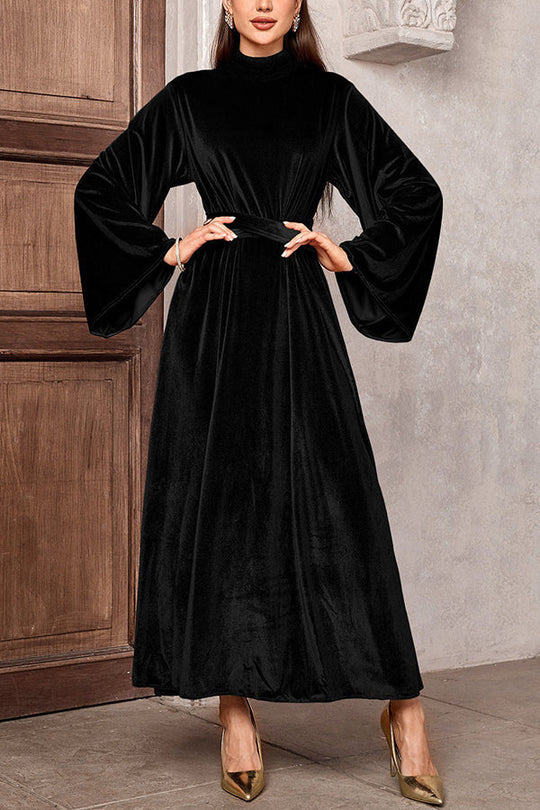 Damen Maxikleid aus Samt mit Stehkragen, weitem Glockenärmel und Taillengürtel Shop Nory
