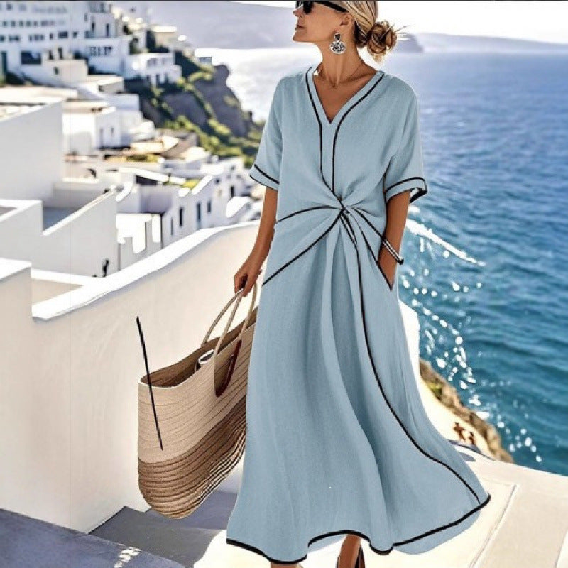 Damen Maxikleid mit V-Ausschnitt, seitlichem Knoten und Kontrastpaspeln Shop Nory