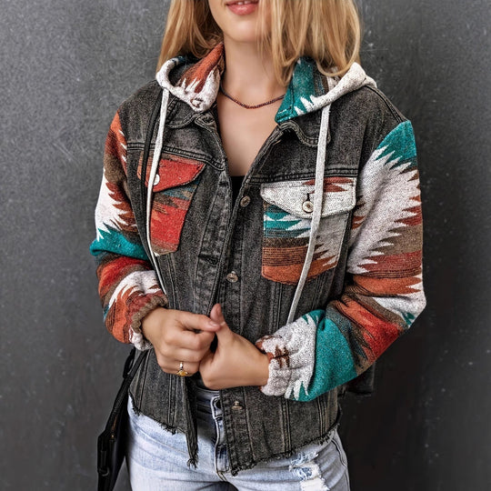 Damen Denimjacke im lässigen Boho-Stil mit Kapuze