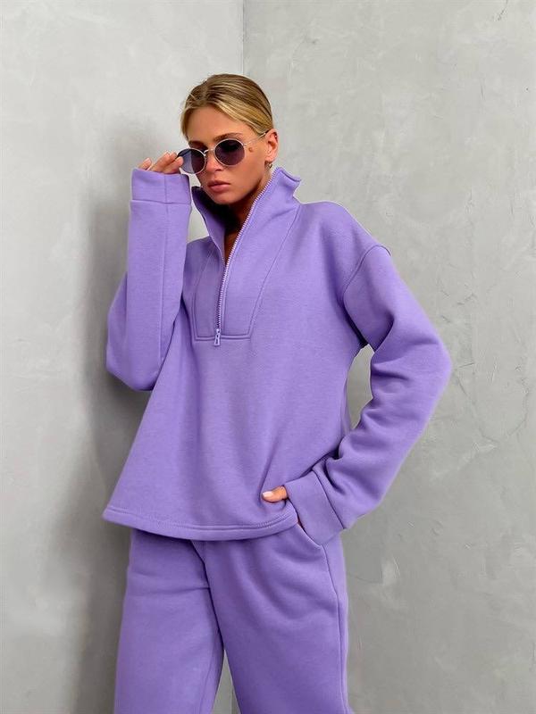 Damen lässiges Fleece-Set mit halbem Reißverschluss und weitem Schnitt