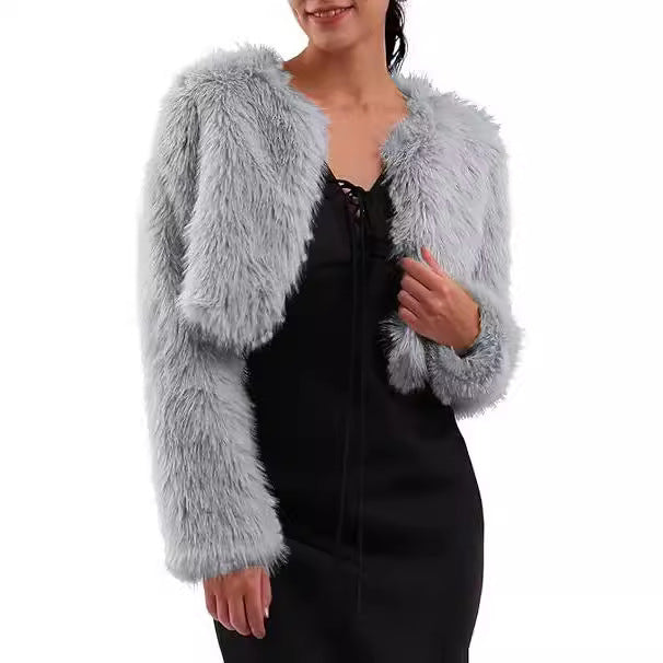 Damen Kurze glamouröse Kunstfelljacke mit lockeren Ärmeln